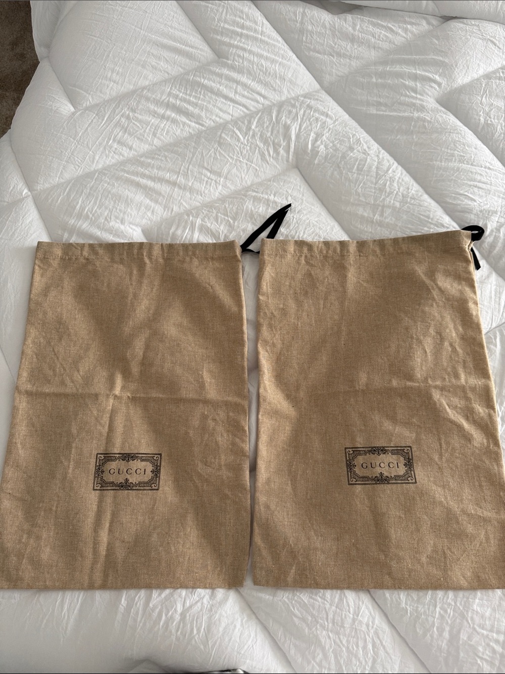 Gucci Tan Drawstring Dust Bags with Black Logo - Pair